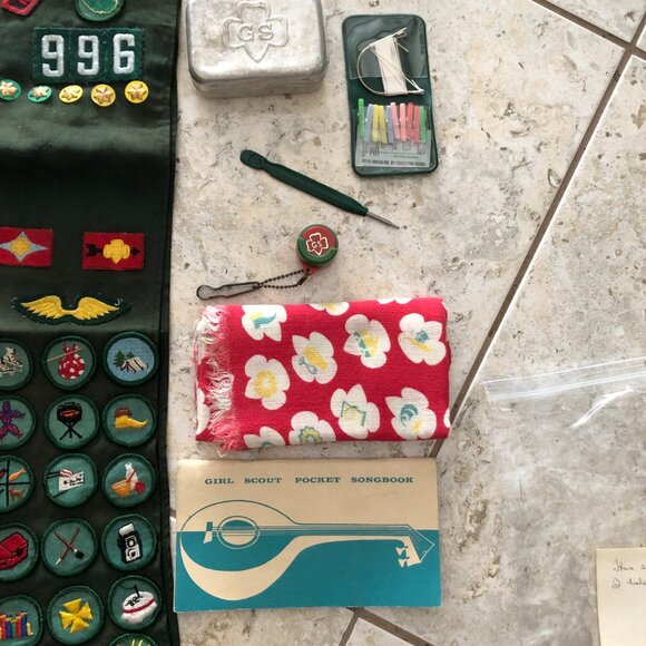 Vintage 60s 70s girl scout sash merit badges pins Scarf Songbook Soap Lot Bundle - Picture 2 of 7